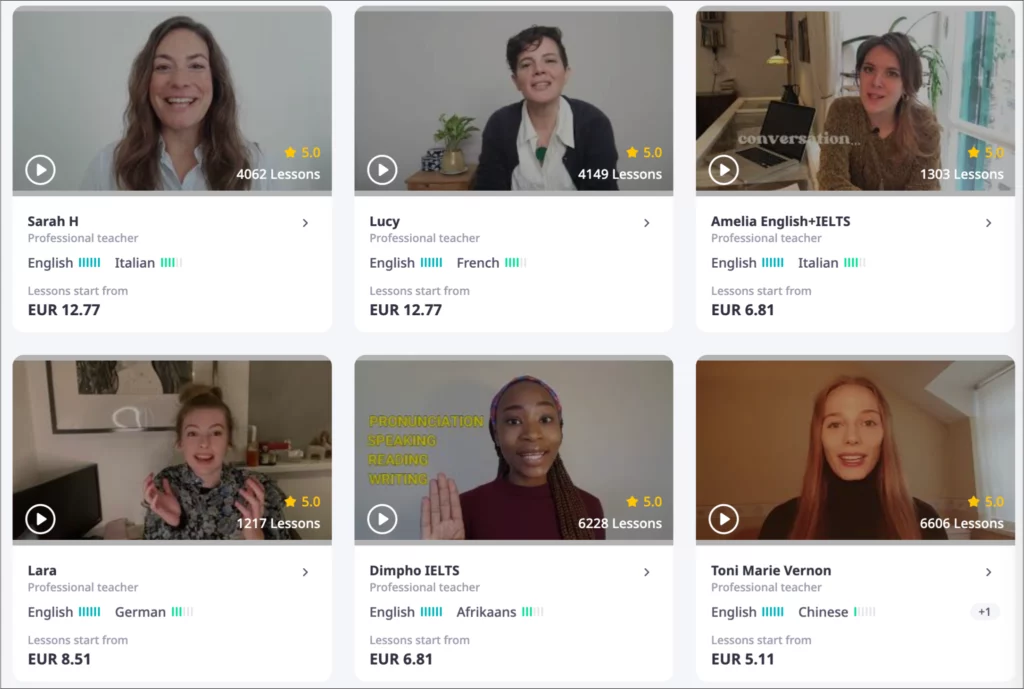 Preply interface showing tutor profiles and pricing for online language lessons.