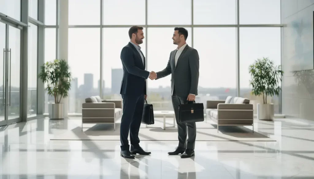 The image depicts two professionals shaking hands in a modern office lobby, symbolizing a successful job interview. Their confident body language and formal attire reflect the importance of first impressions in the recruitment process.