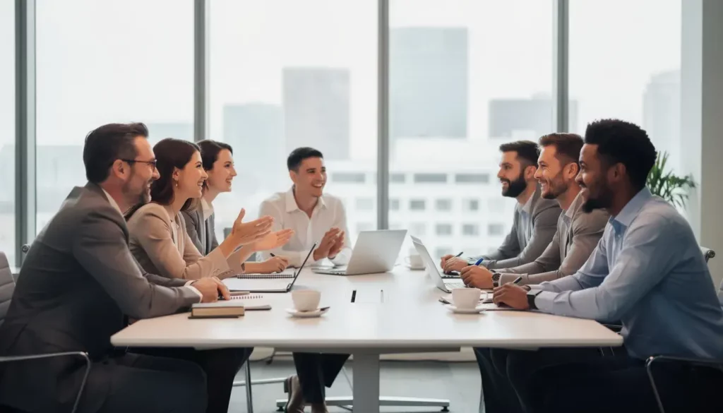The image shows a group of colleagues engaged in a friendly conversation around a conference table, showcasing a relaxed atmosphere that reflects positive company culture. Their body language indicates openness and collaboration, as they discuss various topics, possibly related to job interviews or professional experiences.