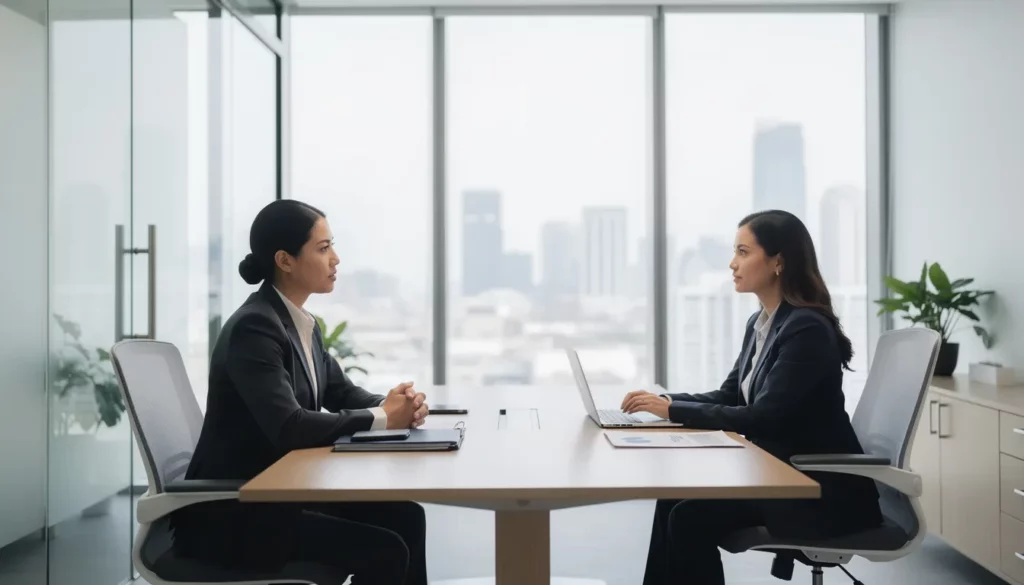 A professional individual is seated at a modern desk, engaged in a job interview with an interviewer in a sleek office environment. The atmosphere is formal yet inviting, suggesting a focus on discussing qualifications and skills, possibly including the candidate's ability to communicate in Spanish.