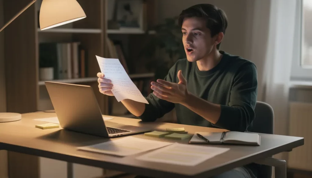 A person is practicing speaking in front of a laptop, using notes to prepare for a job interview in Spanish. They appear focused and confident, rehearsing common questions and phrases to improve their Spanish skills.