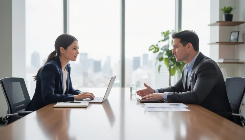 The image depicts two professionals in business attire engaged in a conversation across a desk, likely discussing topics related to a job interview in a Spanish speaking country. They appear focused and respectful, suggesting a formal exchange where they might be practicing their Spanish skills and discussing qualifications for a position.