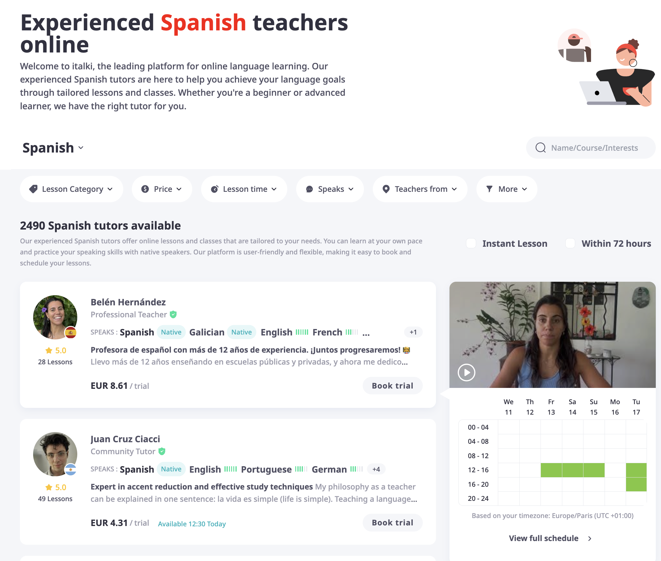 italki Spanish tutor listing page