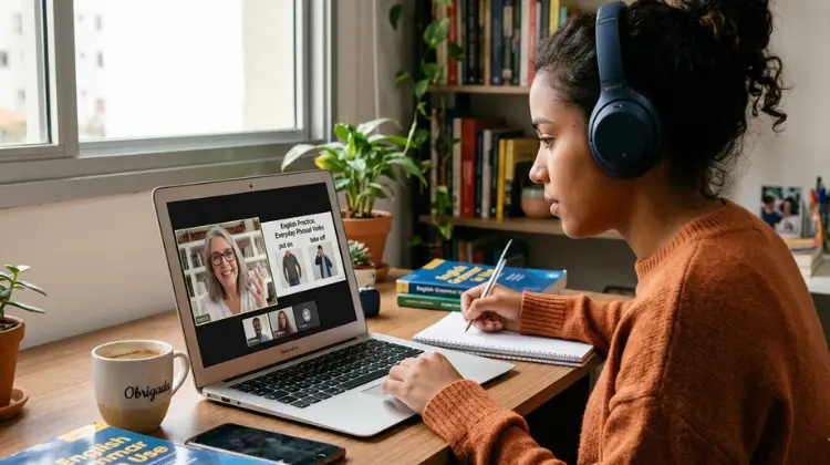 Woman taking an English class online