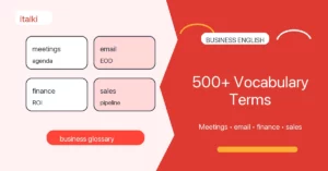 Business English vocabulary featured image with red workplace vocabulary cards