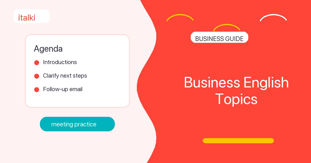 Business English conversation topics featured image with meeting practice notes and italki branding