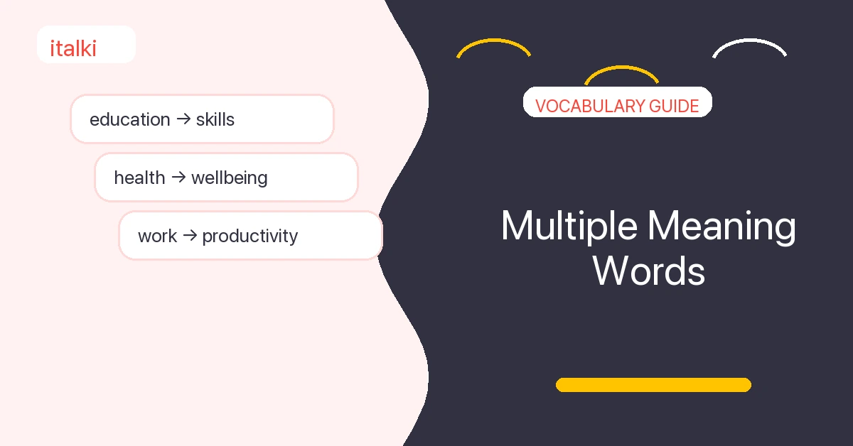 Words with multiple meanings featured image with English vocabulary cards and italki branding